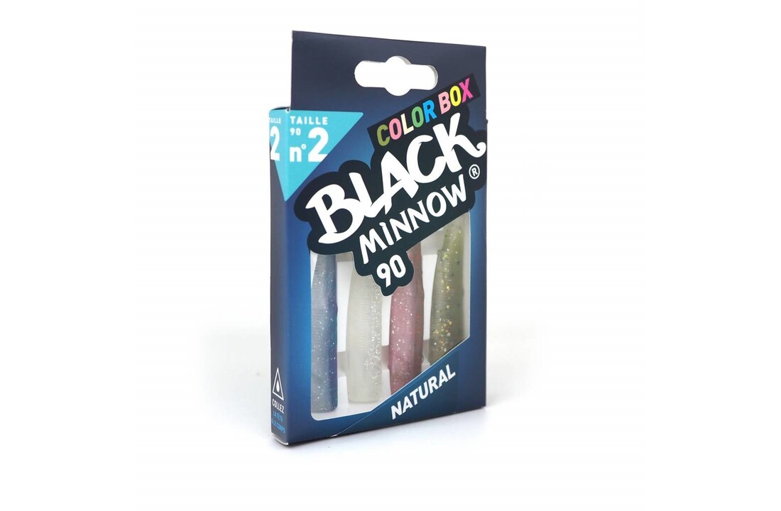 BLACK MINNOW 90 COLOR BOX NATURAL BLUE - CLEAR/WHITE GLITTER - ROSE - KAKI GLITTER