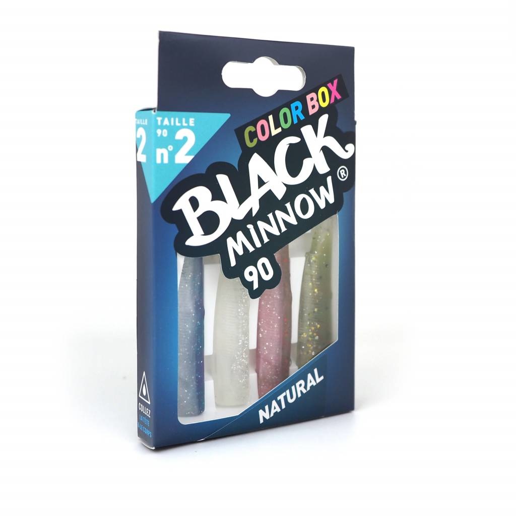 BLACK MINNOW 90 COLOR BOX NATURAL BLUE - CLEAR/WHITE GLITTER - ROSE - KAKI GLITTER