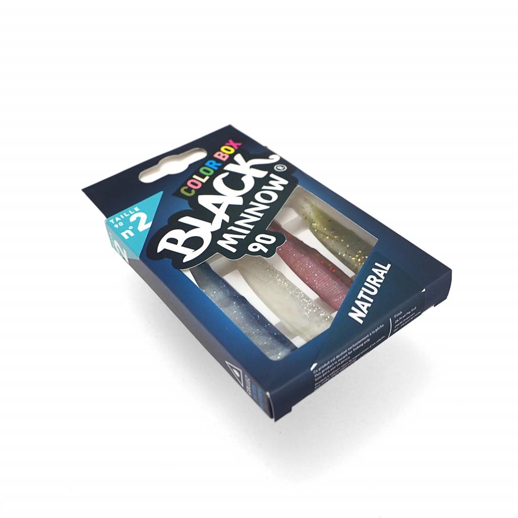 BLACK MINNOW 90 COLOR BOX NATURAL BLUE - CLEAR/WHITE GLITTER - ROSE - KAKI GLITTER