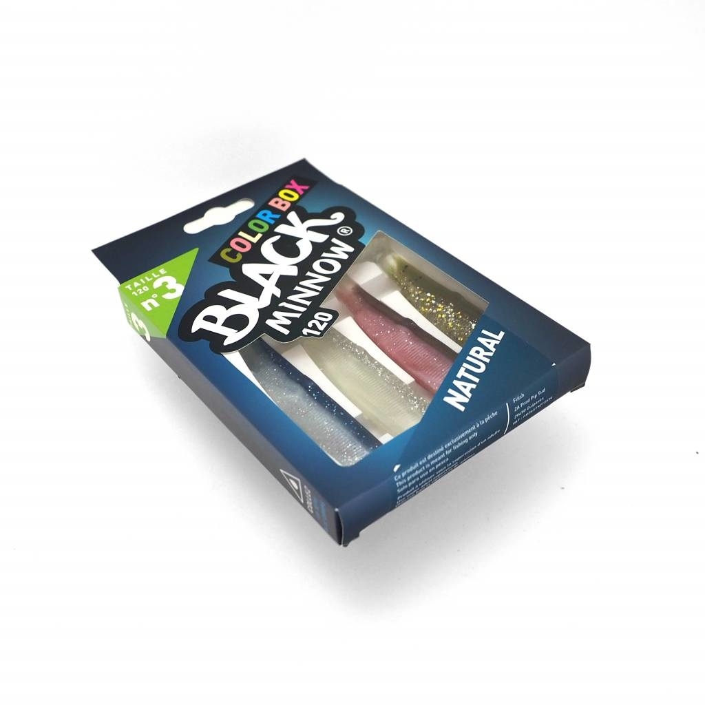BLACK MINNOW 90 COLOR BOX NATURAL BLUE - CLEAR/WHITE GLITTER - ROSE - KAKI GLITTER
