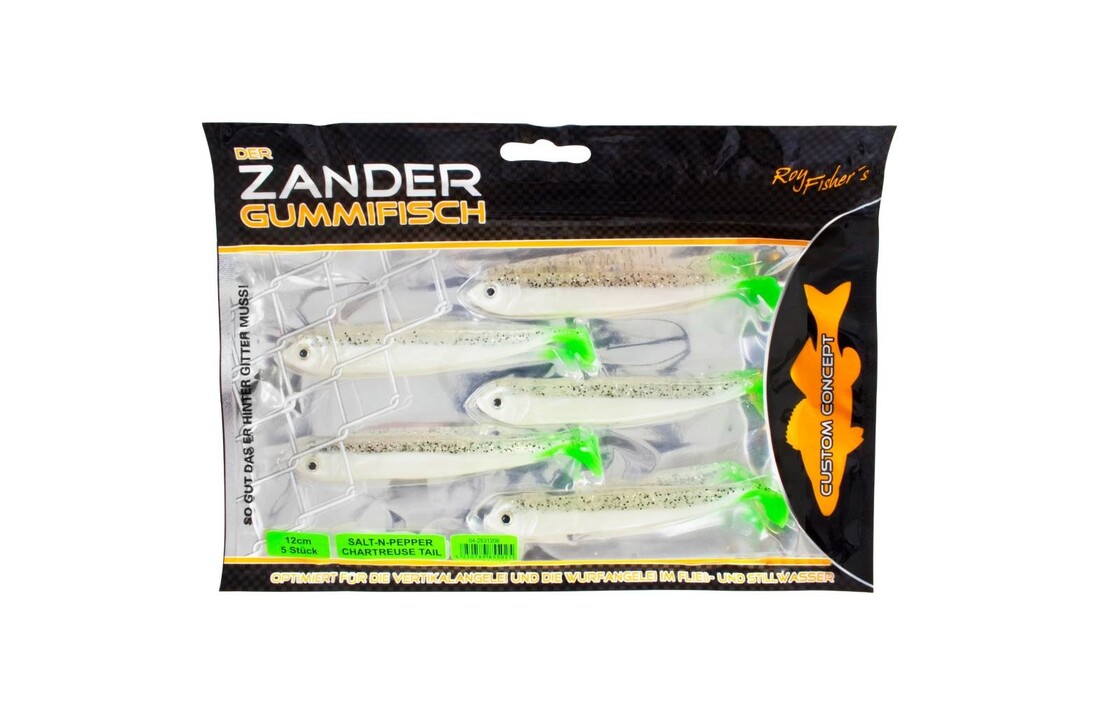 DER ZANDER GUMMIFISCH 12 CM UV SALT-N-PEPPER CHARTREUSE TAIL P/5