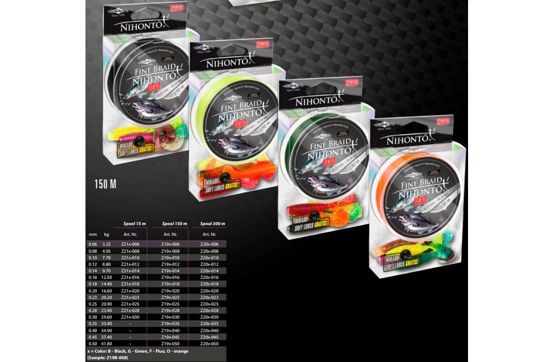 NIHONTO FINE BRAID 0.06MM 150M 3.25KG GREEN 4 STRAND ROUND BRAID + FREE SOFTLURES