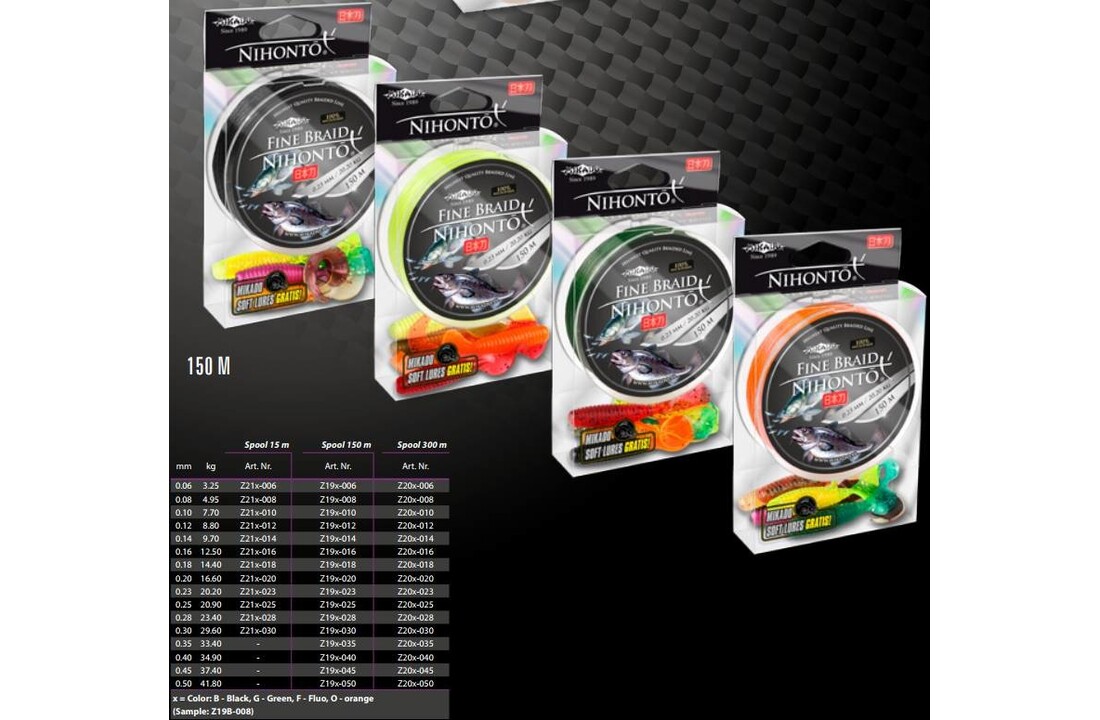 NIHONTO FINE BRAID 0.06MM 150M 3.25KG GREEN 4 STRAND ROUND BRAID + FREE SOFTLURES