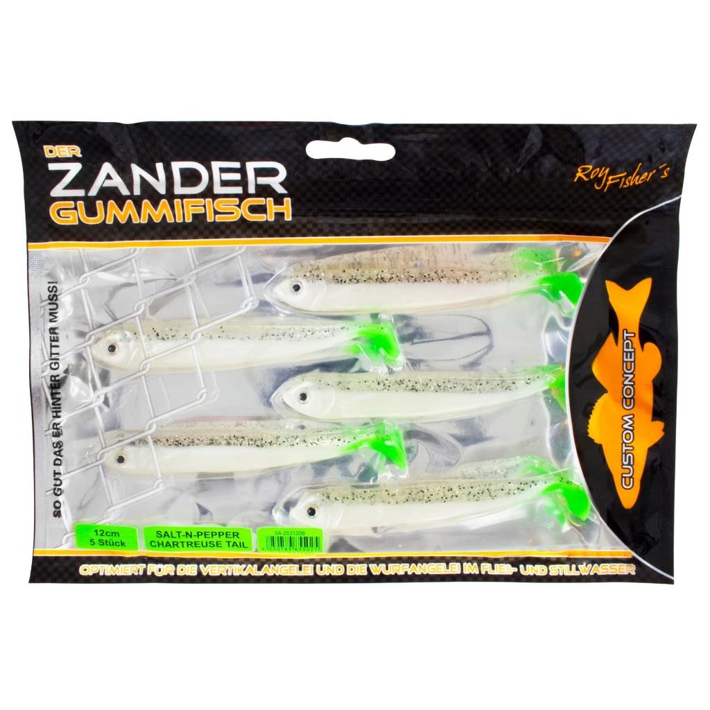 DER ZANDER GUMMIFISCH 12 CM UV SALT-N-PEPPER CHARTREUSE TAIL P/5