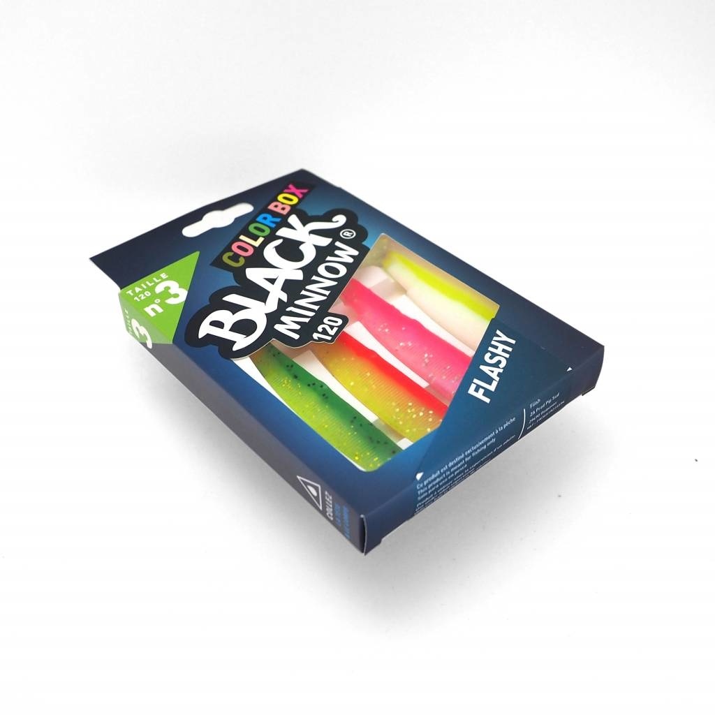 BLACK MINNOW 120 COLOR BOX FLASHY 4 BODIES GREEN/ORANGE - ORANGE/YELLOW - YELLOW FLUO - PINK FLUO