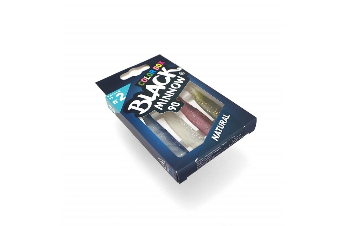 BLACK MINNOW 90 COLOR BOX NATURAL BLUE - CLEAR/WHITE GLITTER - ROSE - KAKI GLITTER