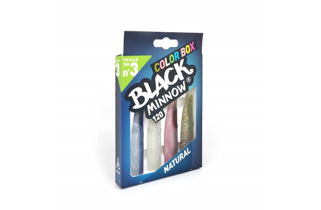 BLACK MINNOW 90 COLOR BOX NATURAL BLUE - CLEAR/WHITE GLITTER - ROSE - KAKI GLITTER