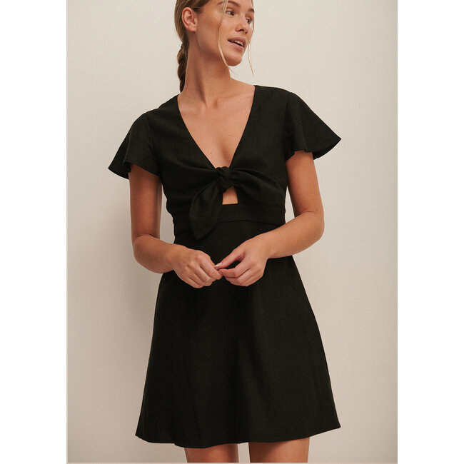 NA-KD Tie Front Linen Blend Dress Black