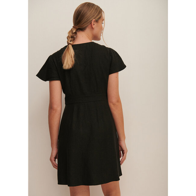 NA-KD Tie Front Linen Blend Dress Black