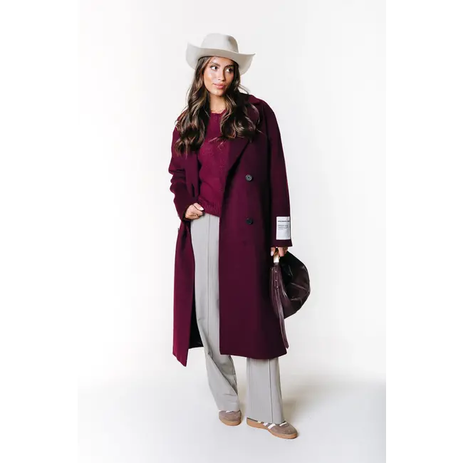 COLOURFUL REBEL Zania Double Breasted Wool Long Coat Burgundy