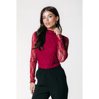 COLOURFUL REBEL Noa Lace High Neck Top Merlot Red
