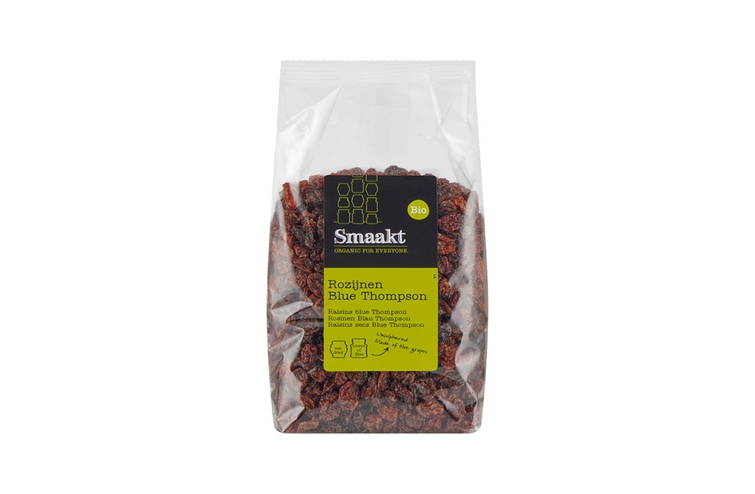Biologische Blue Thompson rozijnen – natuurlijke zoete snack van Smaakt