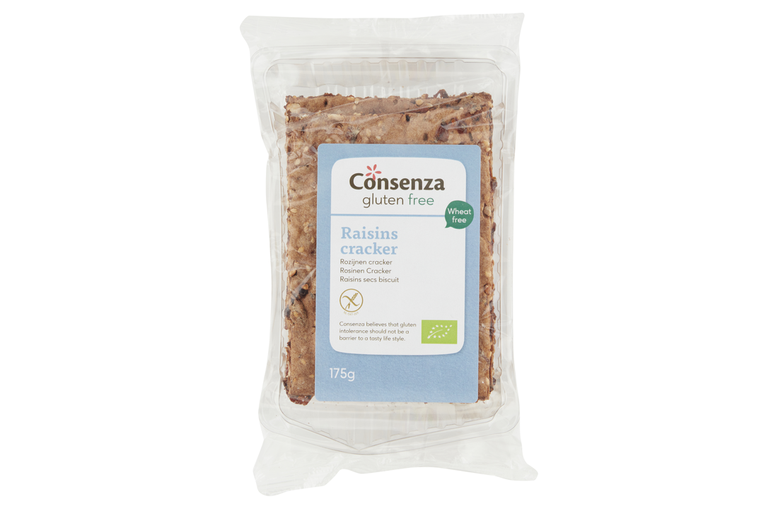Biologische glutenvrije crackers met rozijnen – Consenza