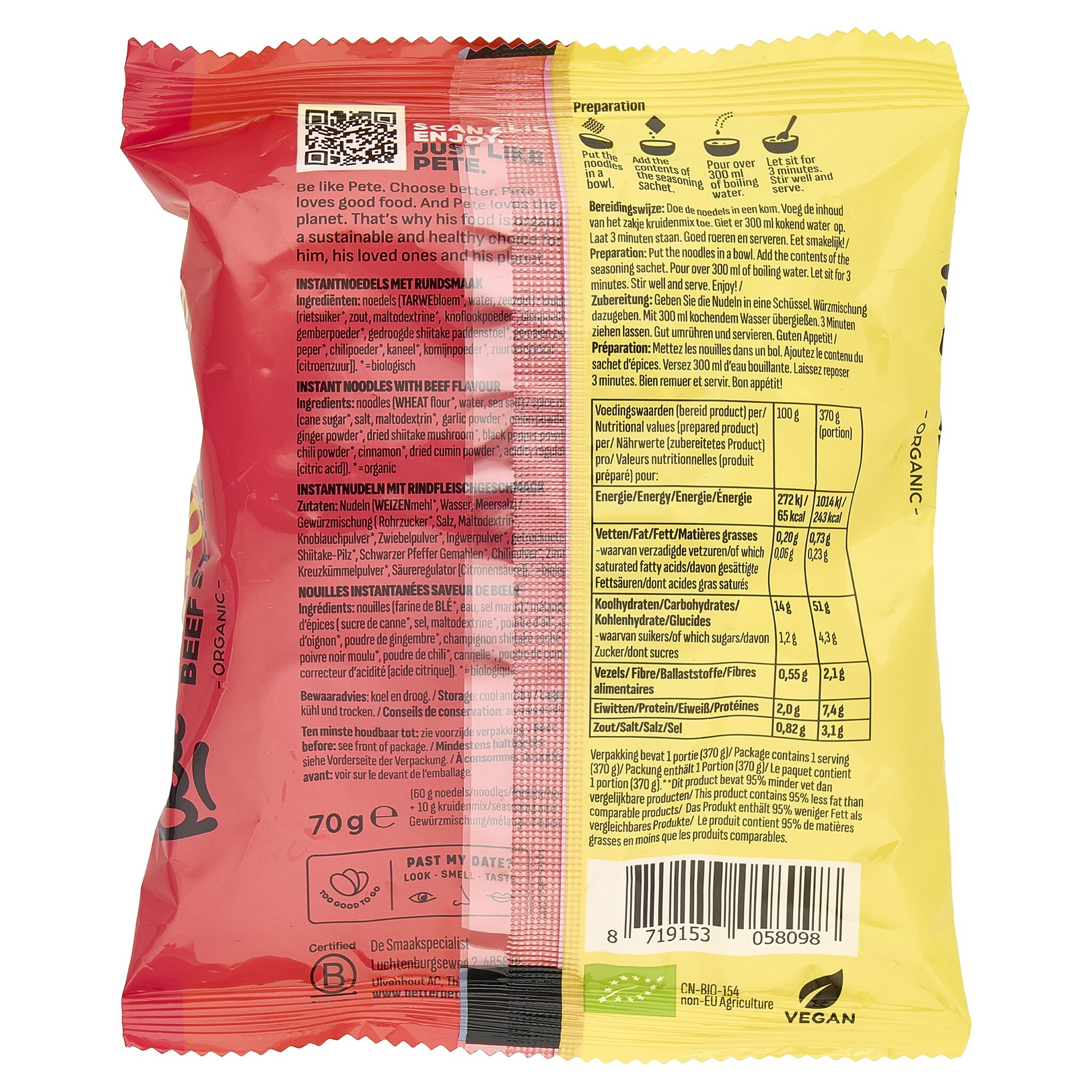 Better Pete Biologische Instant Block Noodles Beef Style – Vegan en klaar in 3 minuten