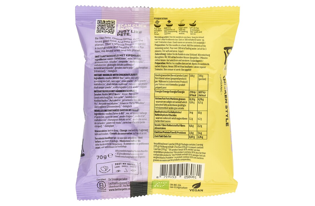 Better Pete Biologische Instant Block Noodles Chicken Style – Vegan en klaar in 3 minuten