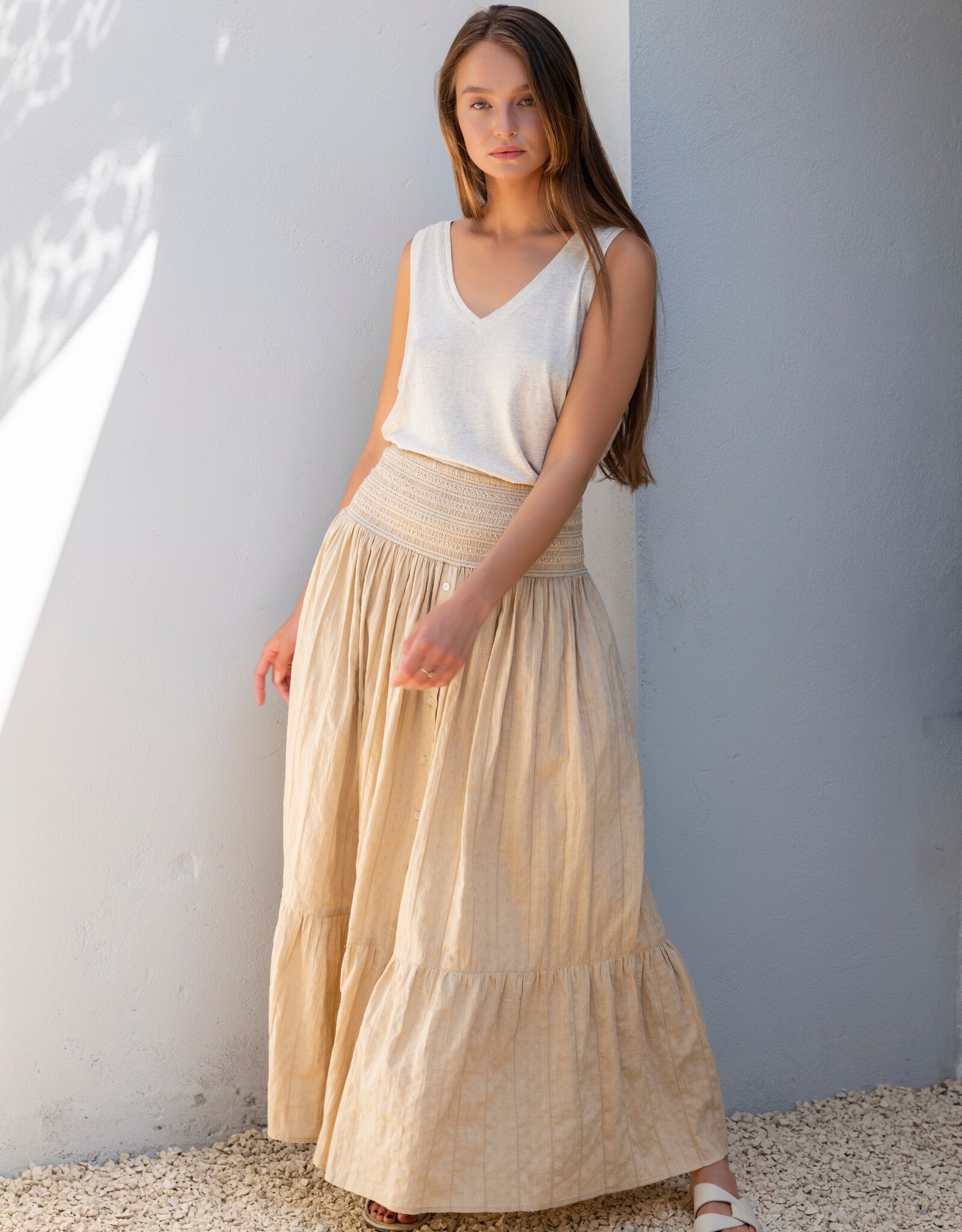 Ruby Tuesday SALI long skirt with smock waistband and full placket Light sand