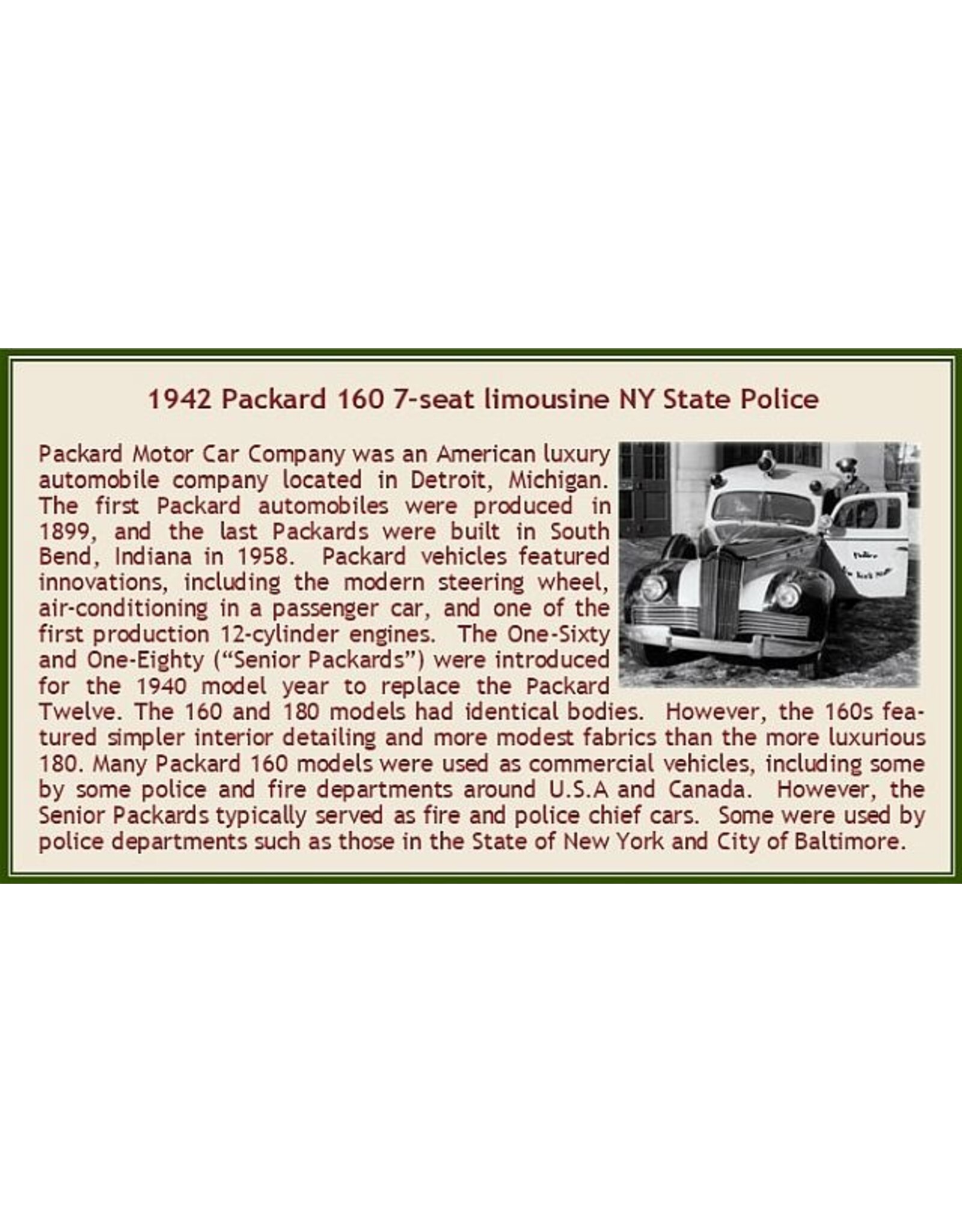 Packard Packard 160(1942)7-places limousine Police car New York(white/black)