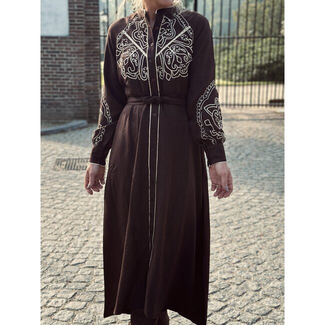 Janetta long dress dark brown/ beige print