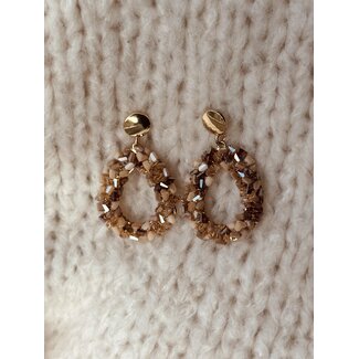 Oorbellen goud met beige/bruin glitter 3537