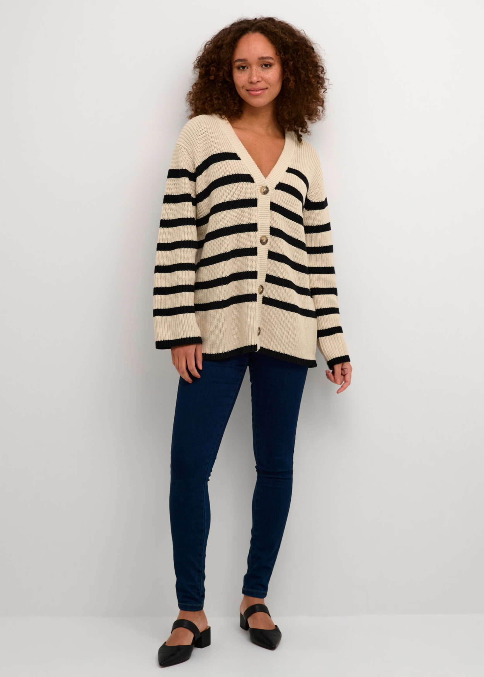 KAFFE Cilla knit cardigan - Sand dollar & black stripe