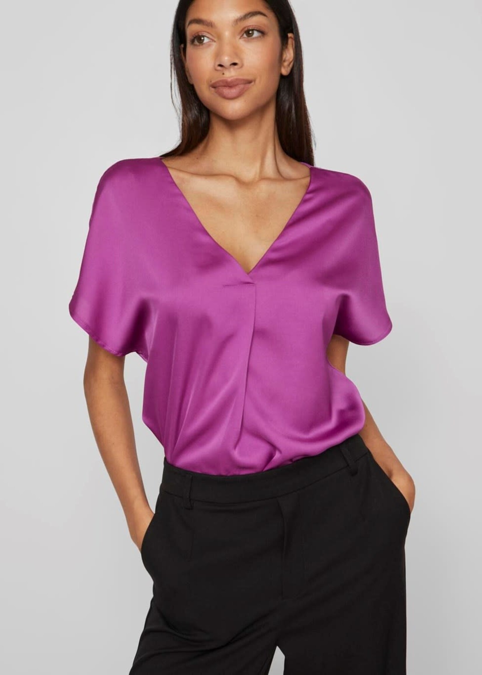 VILA Ellette v-neck satin top - Cattleya orchid