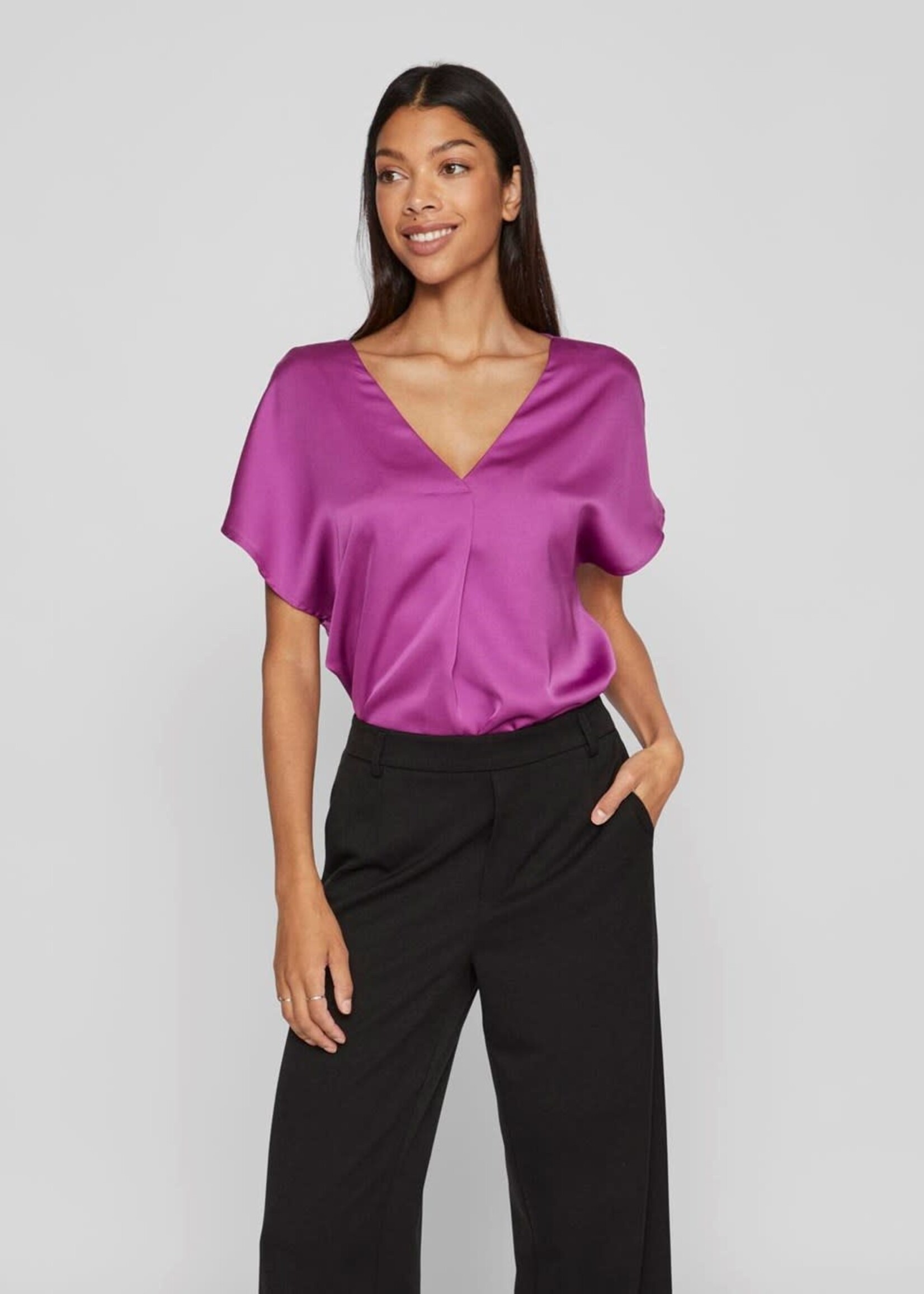 VILA Ellette v-neck satin top - Cattleya orchid