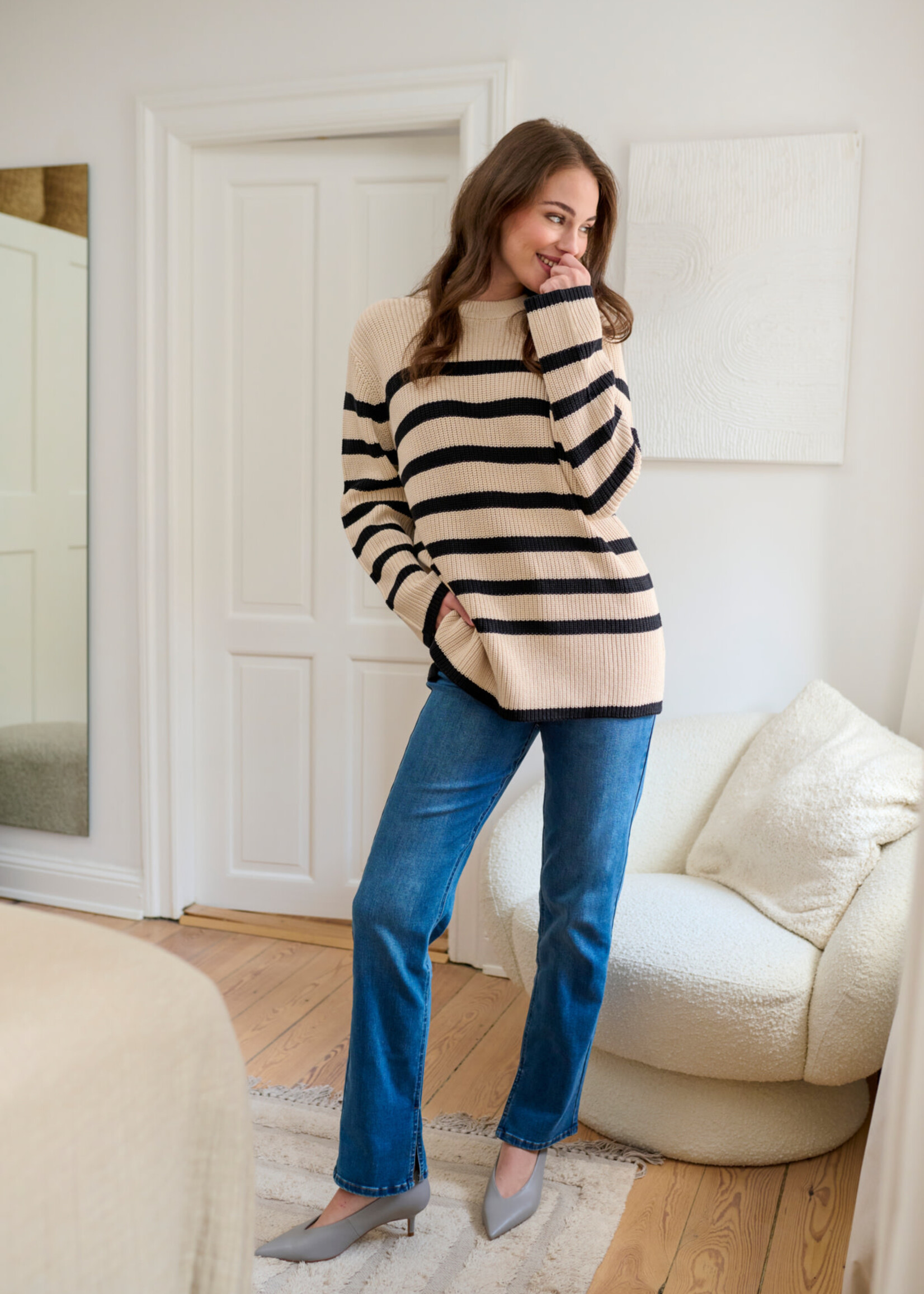 KAFFE Cilla knit pullover - Sand dollar & black stripe