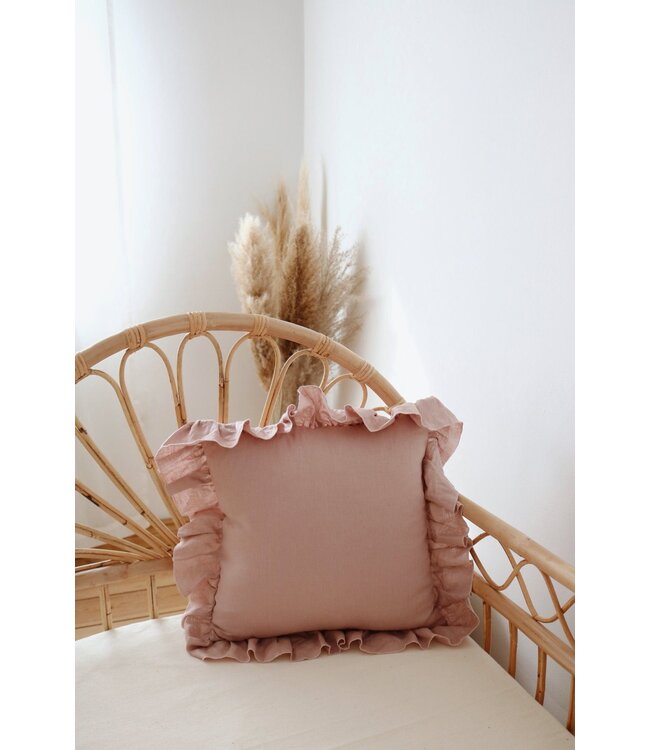 Sierkussen met franje in poederroze, linnen