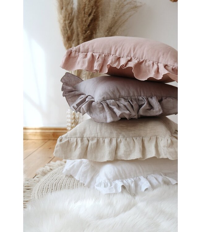 Sierkussen met franje in poederroze, linnen