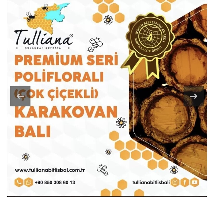 Tulliana Premium Polifloral (Çok Çiçekli) Organik Bitlis Karakovan Balı 1100-1200g ((Altın Bal Ödüllü)