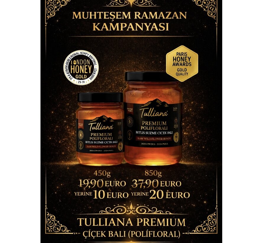 KAMPANYA-Tulliana Premium  Polifloral (Çok Çiçekli) Organik Süzme Bitlis Balı 850g (Altın Bal Ödüllü)