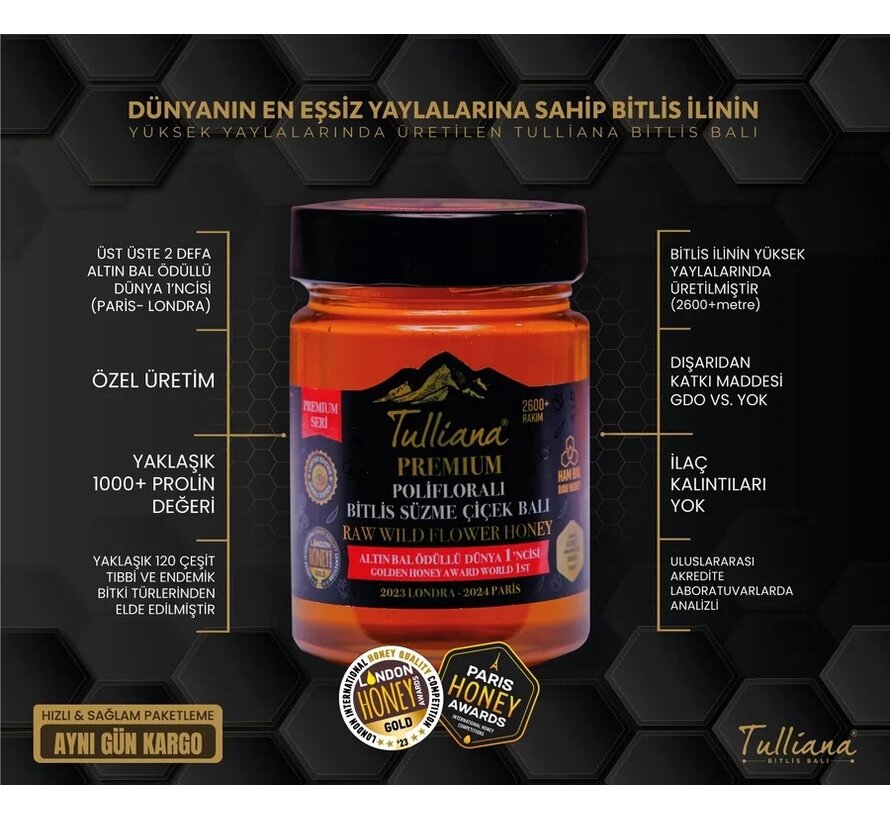 PROMO-Tulliana Premium Polifloral Biologische Rauwe Bloemen Honing uit Bitlis 450 g
