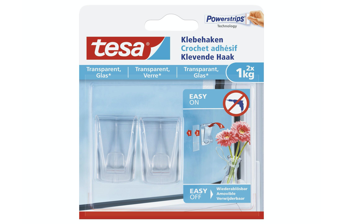 Tesa Powerstrips zelfklevende haak voor transparante materialen en glas 4,5cm 1kg transparant 2 stuks