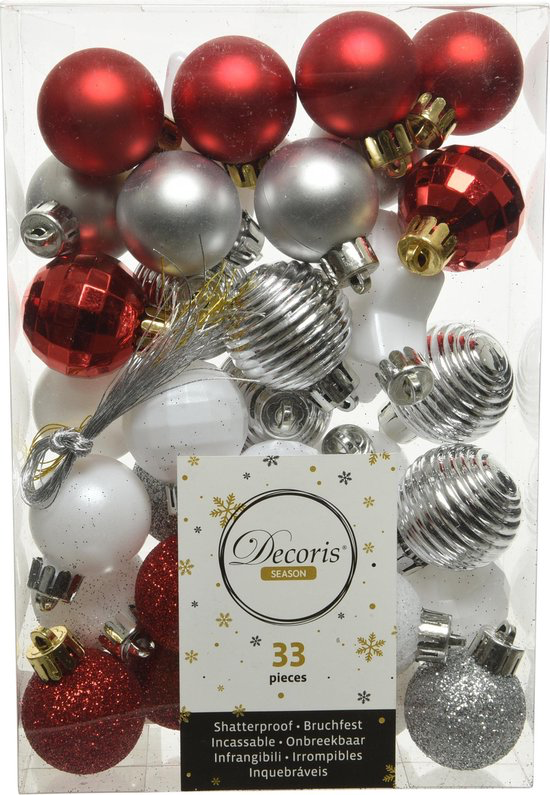 Decoris kerstballen en sterren - 33 stuks - kunststof - 3/4,3 cm