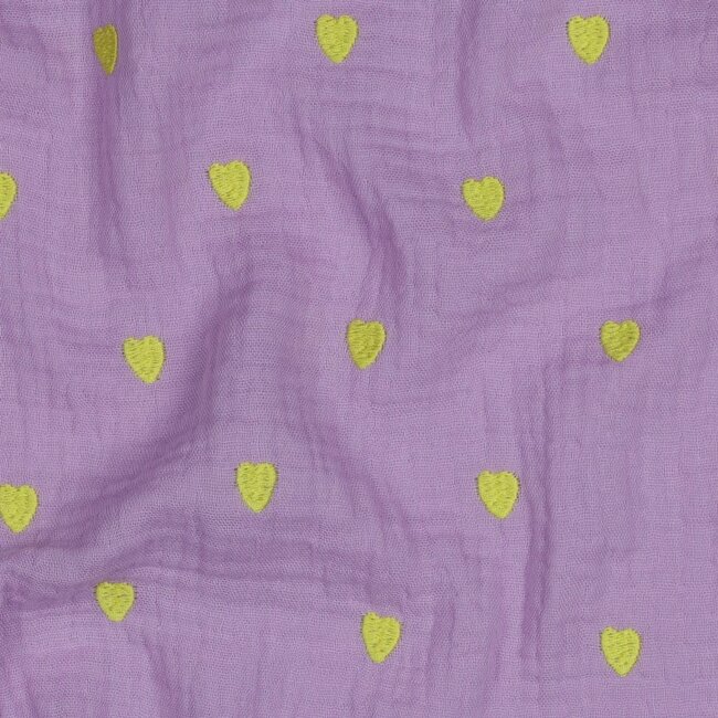 Embroidery neon hearts lavender - double gauze