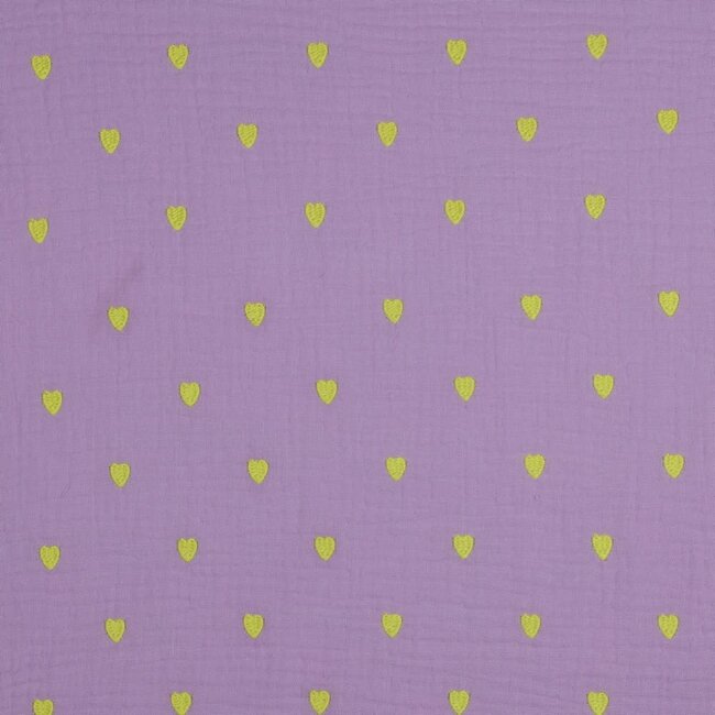 Embroidery neon hearts lavender - double gauze