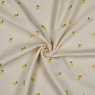 Double gauze geborduurde citroen - naturel