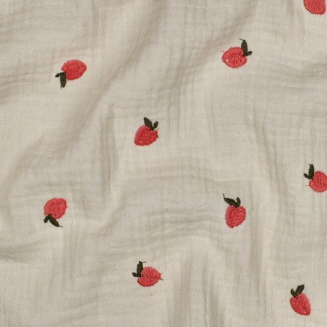 Double gauze geborduurde aardbei - naturel