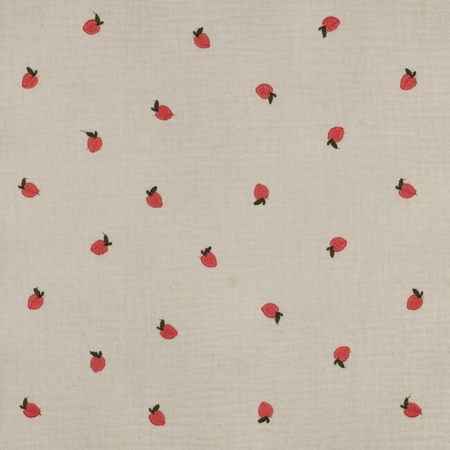 Double gauze geborduurde aardbei - naturel
