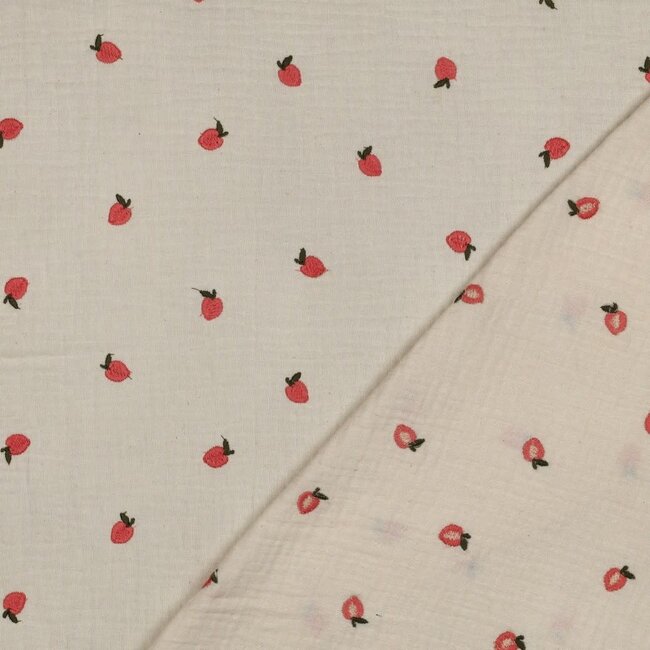 Double gauze geborduurde aardbei - naturel