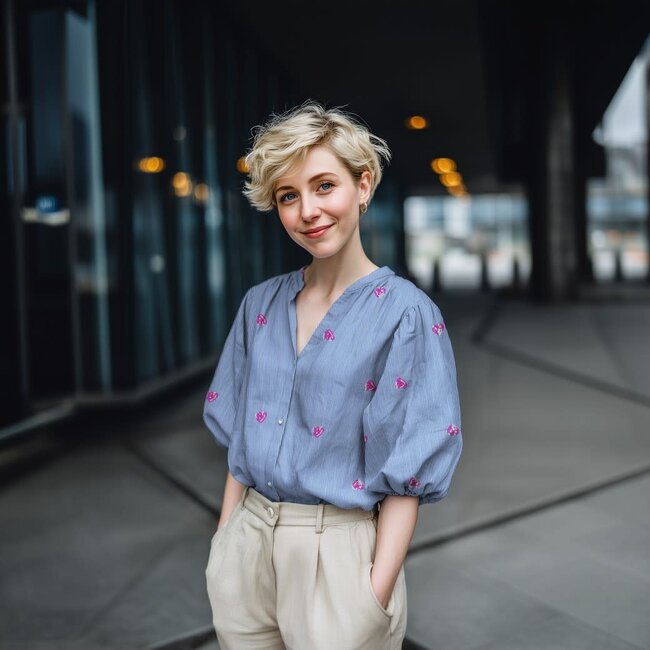 Cotton stripes met hartjes - blue