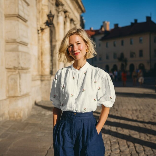 Katoen voile crinkle - embroidery bloemen