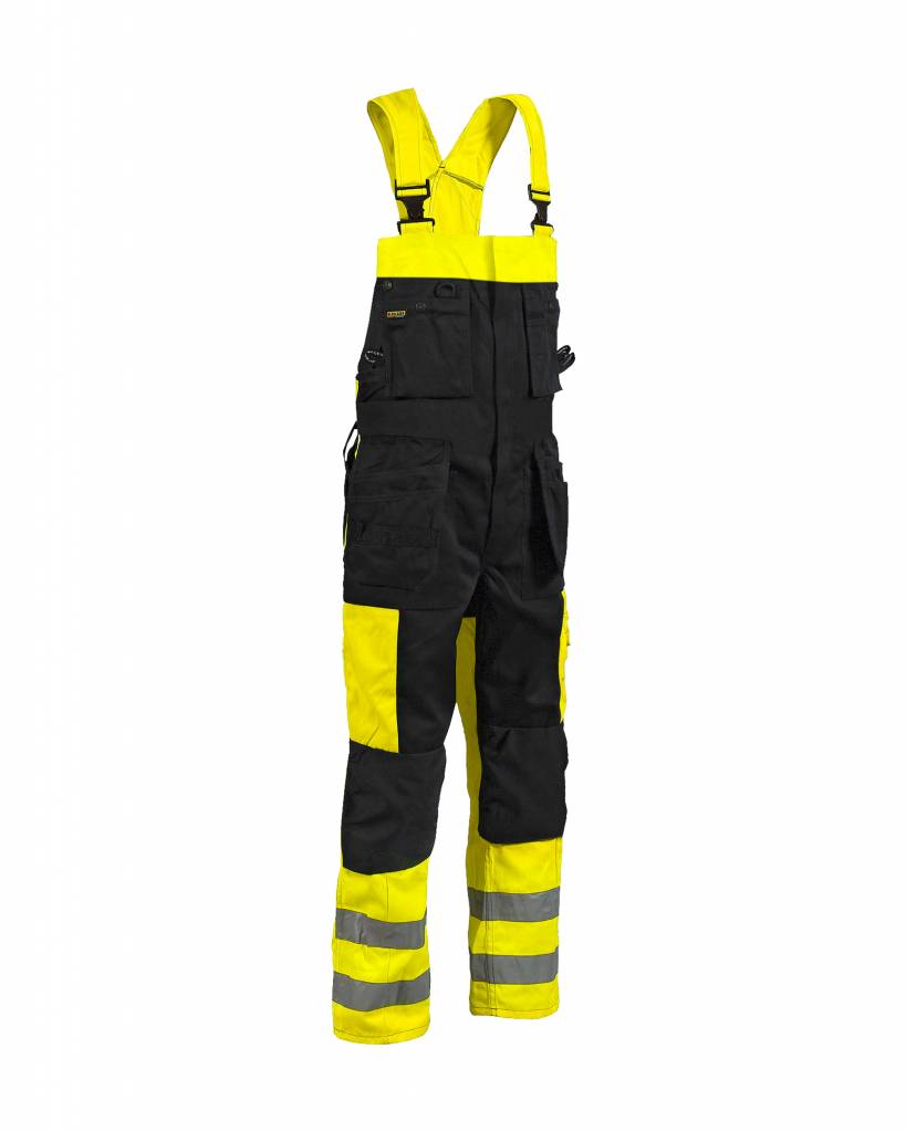 black and yellow bib overalls