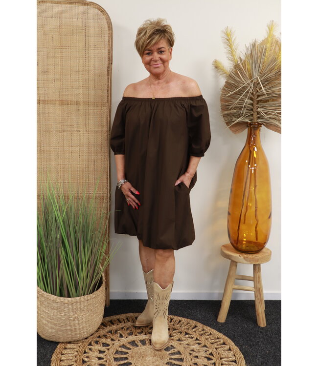 Off-shoulder "Ballon" jurk bruin