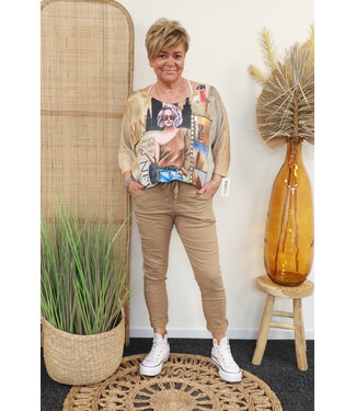 Vleermuistrui "Met print" camel/blauw