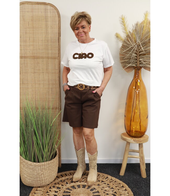 T-shirt "Ciao Badstof" wit/bruin