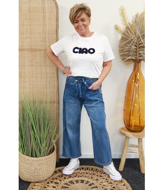 T-shirt "Ciao Badstof" wit/marine blauw