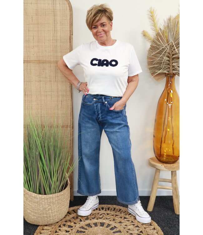 T-shirt "Ciao Badstof" wit/marine blauw