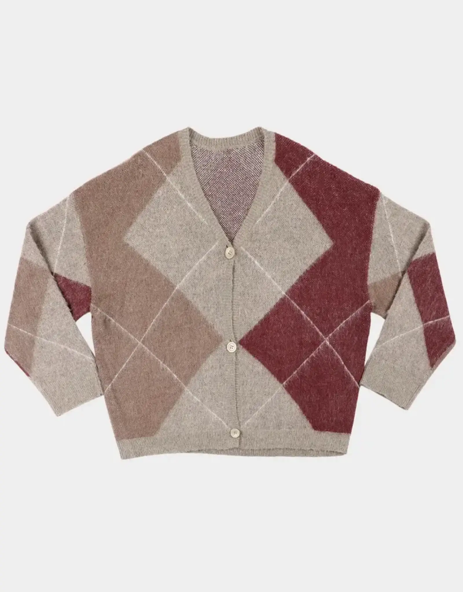 Noted Denny Cardigan Grey Bordeaux Checked
