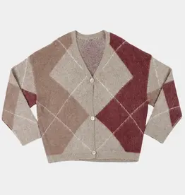 Noted Denny Cardigan Grey Bordeaux Checked